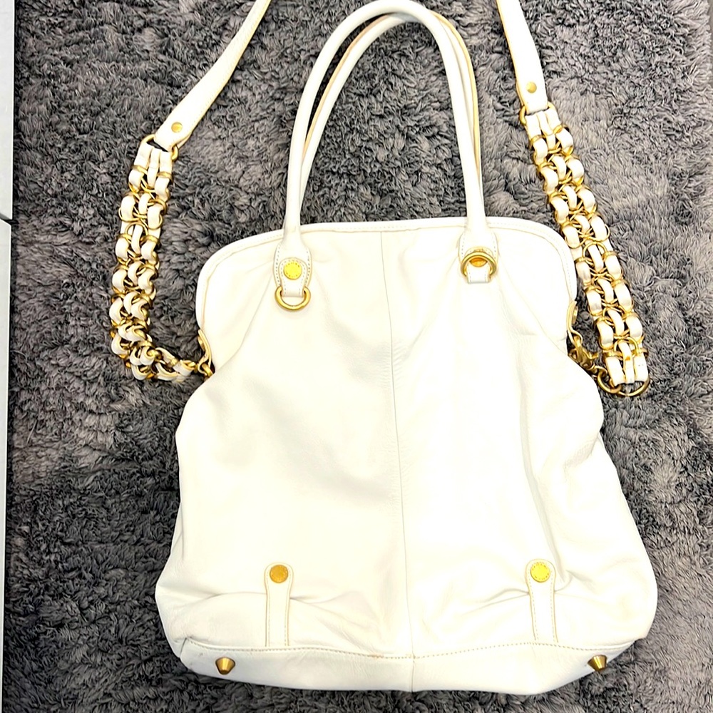 Tahari leather purse, white white with a gold metal details, large, used